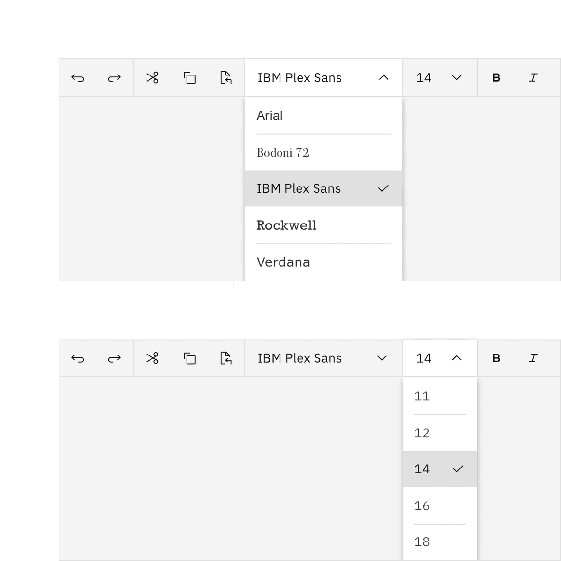 Text toolbar dropdowns.